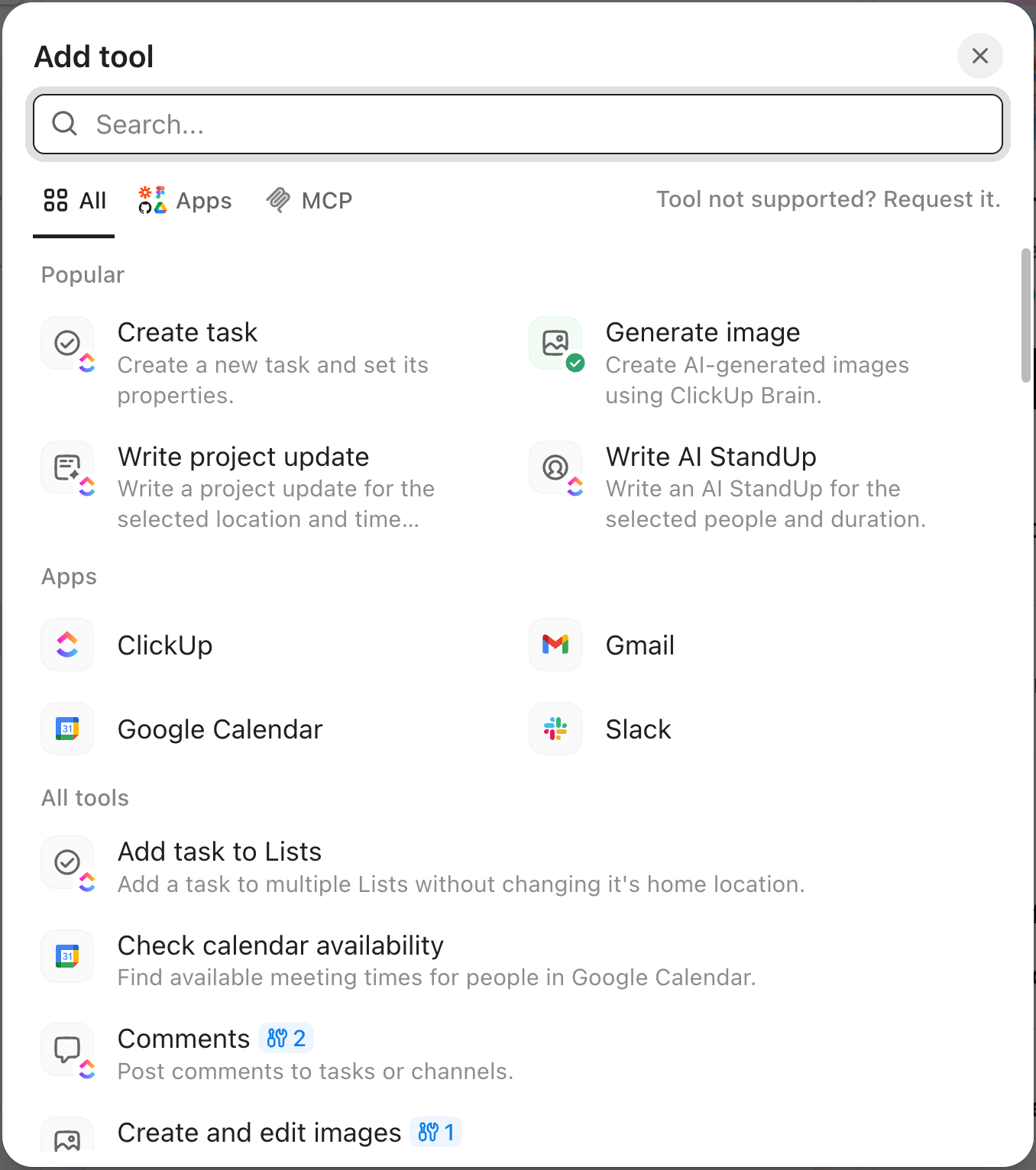 Screenshot of the Add tool modal in a Super Agent's profile.png