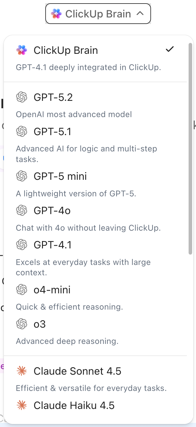 Screenshot of the ClickUp Brain dropdown displaying the available external AI models.png