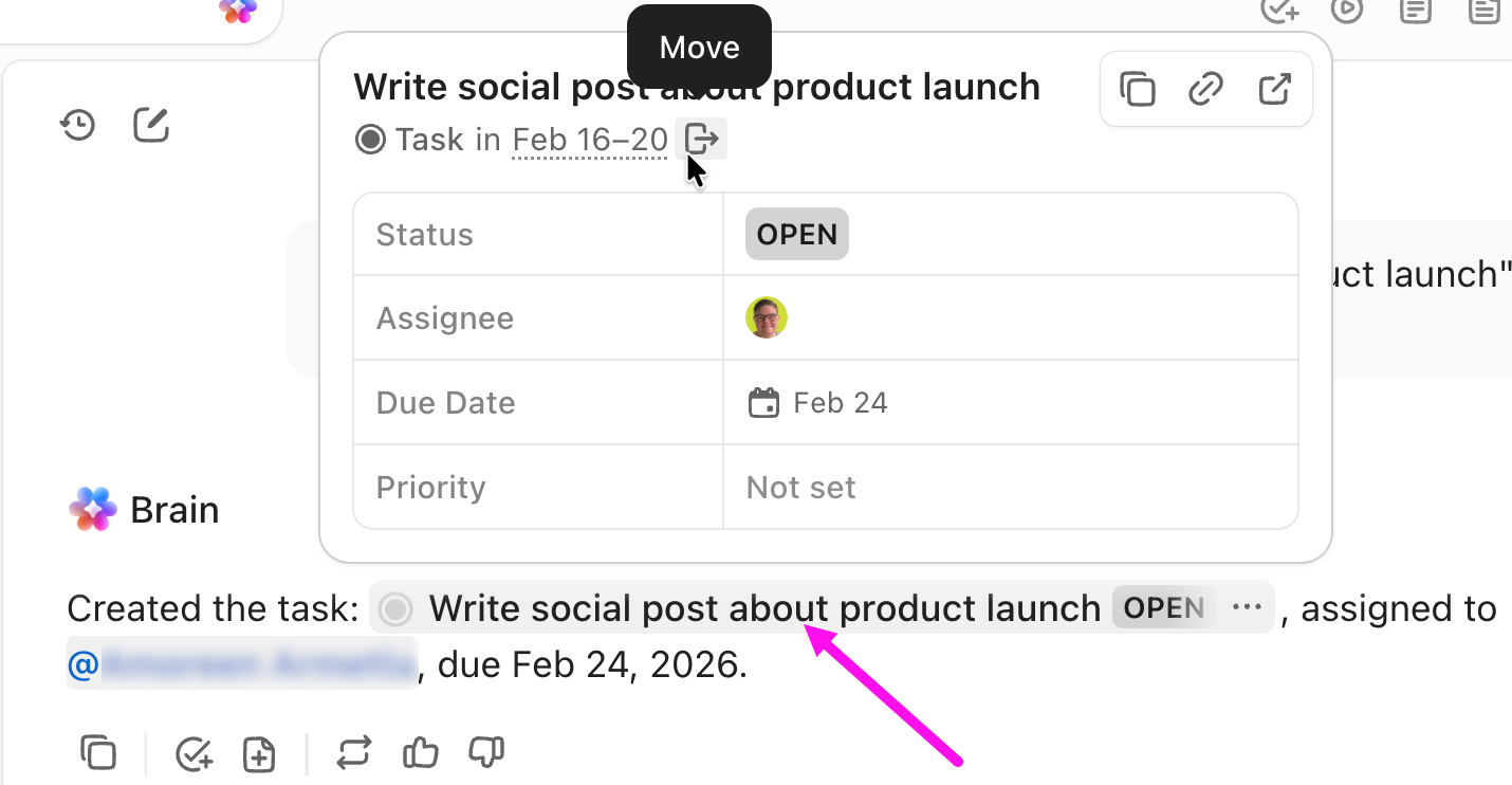 Screenshot showing a task link that was hovered over. A task preview pops up. The cursor is hovering on the task title, and a move icon allows you to move the task to a different List.png
