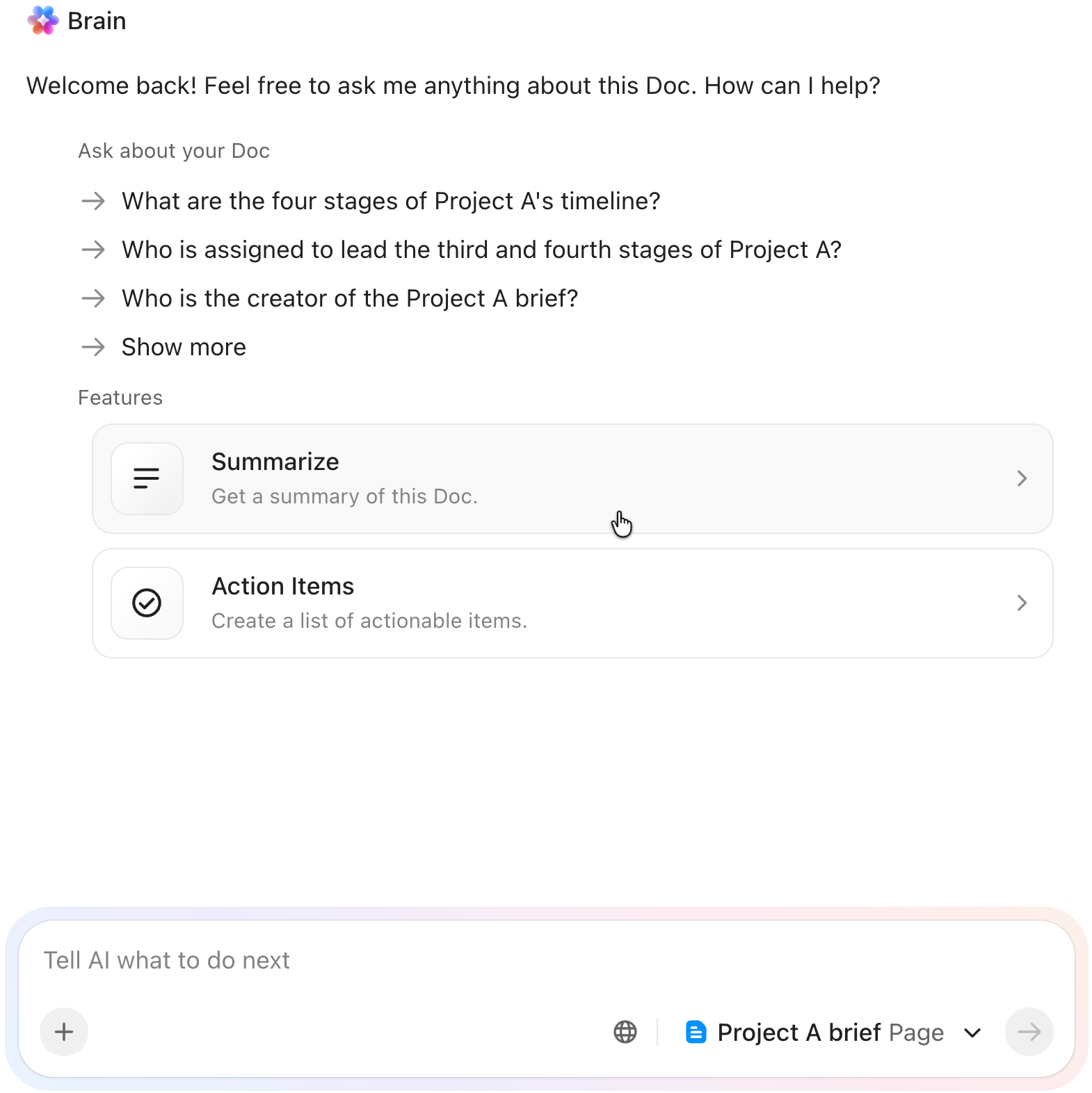 Screenshot showing the ClickUp Brain AI sidebar opened from a Doc with the Summarize and Action Items buttons highlighted.png
