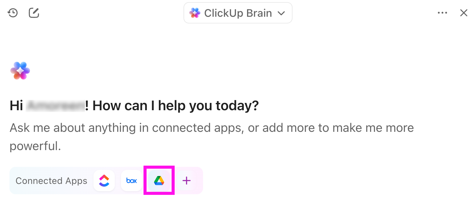 Screenshot of the ClickUp Brain modal with the Google Drive Connect App highlighted.png