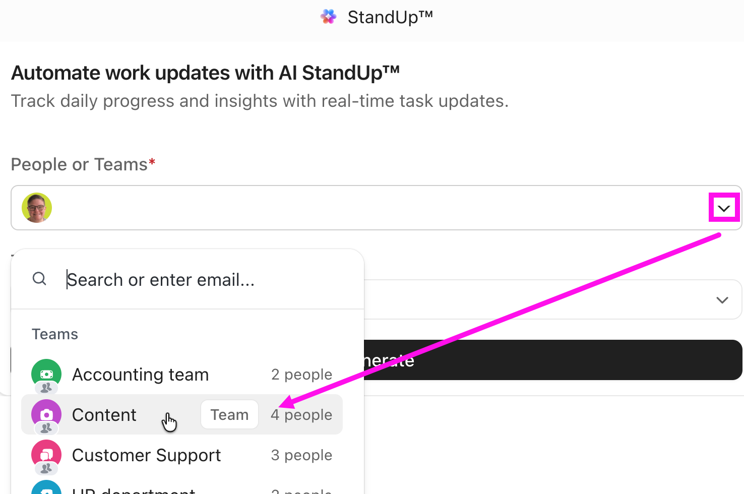 Screenshot of a Team being selected from the People or Teams dropdown.png