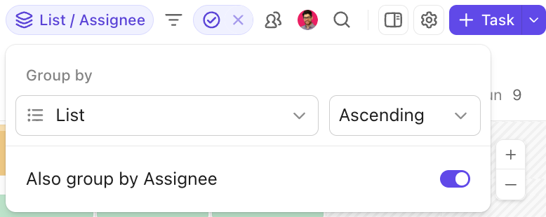 Screenshot of the option to deactivate Also group by Assignee.