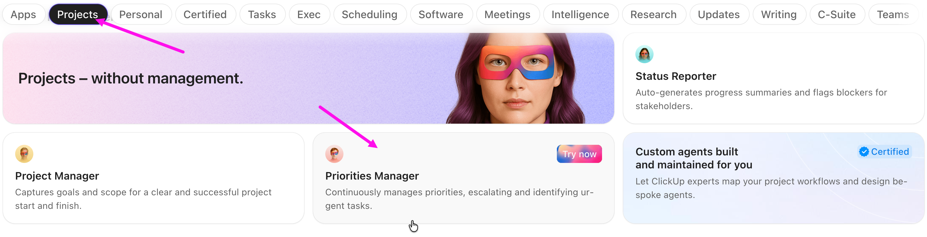 Screenshot showing the Projects tab and the Priorities Manager prompt highlighted in the Super Agent catalog.png