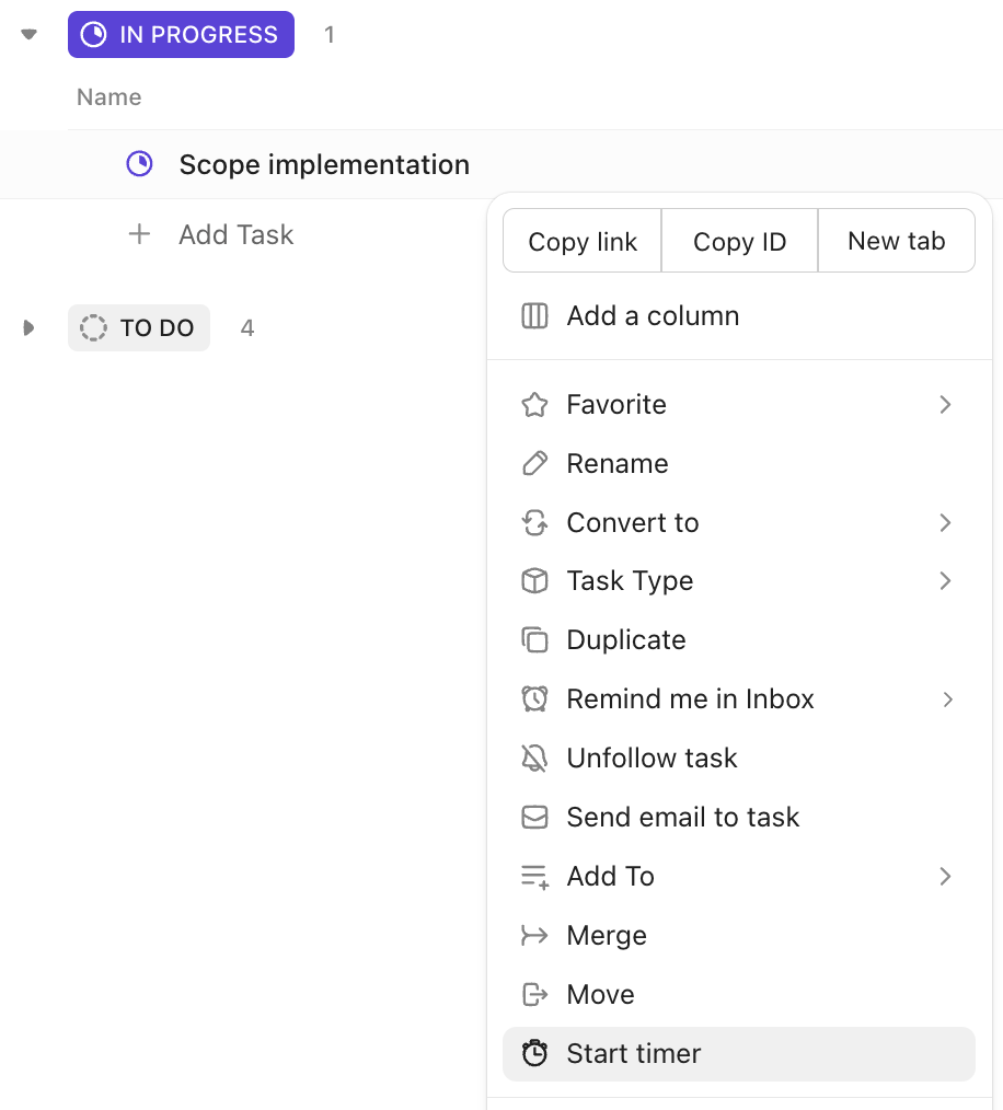 Screenshot of the option to start a timer from the task settings menu from List view.