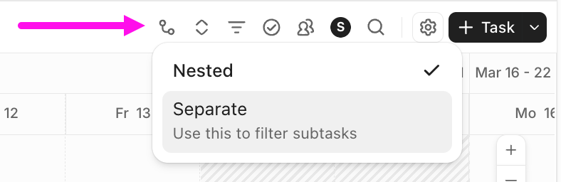 Screenshot of the subtask button on Gantt view.