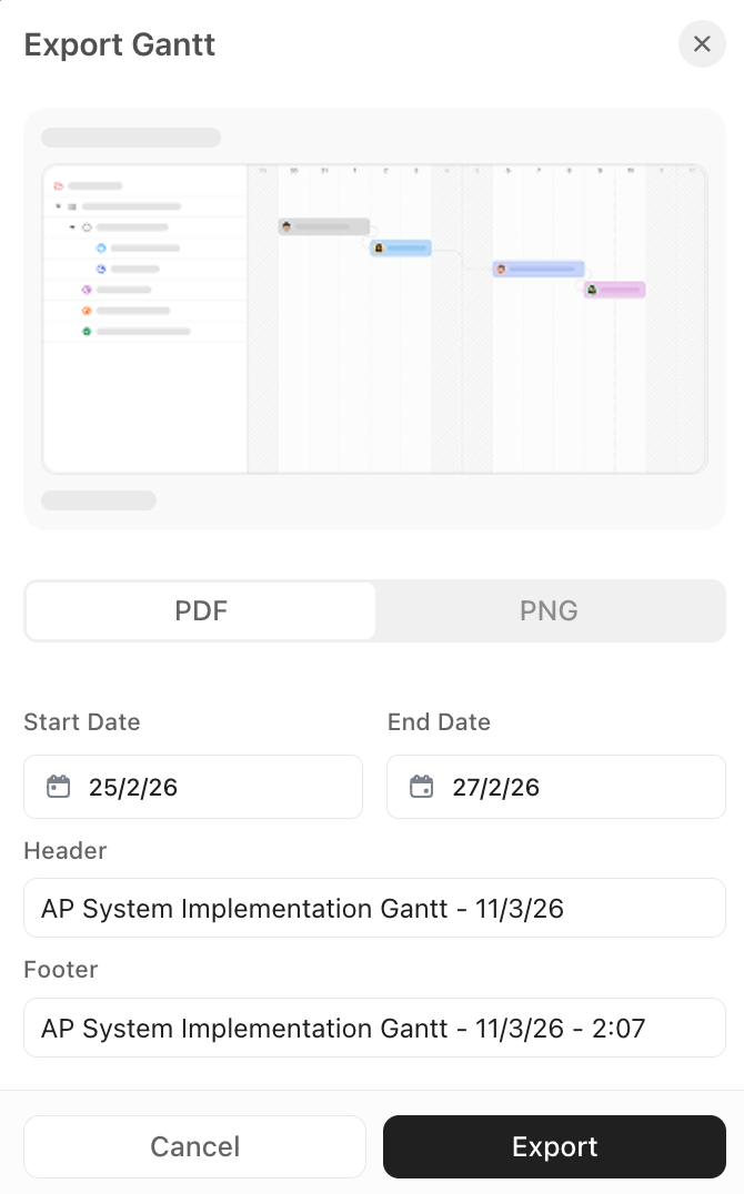 Screenshot of the Export Gantt options.