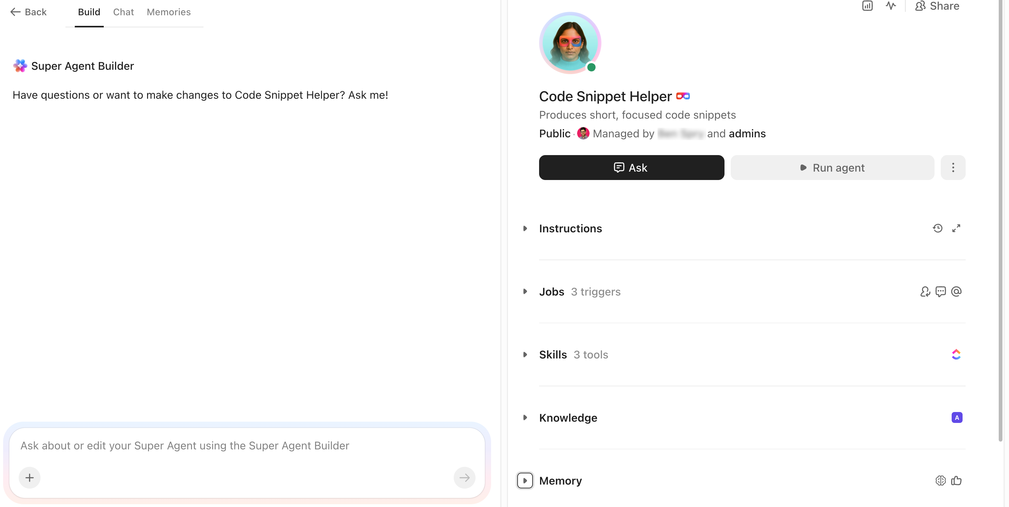Screenshot showing the left and right sides of the Super Agent builder.png