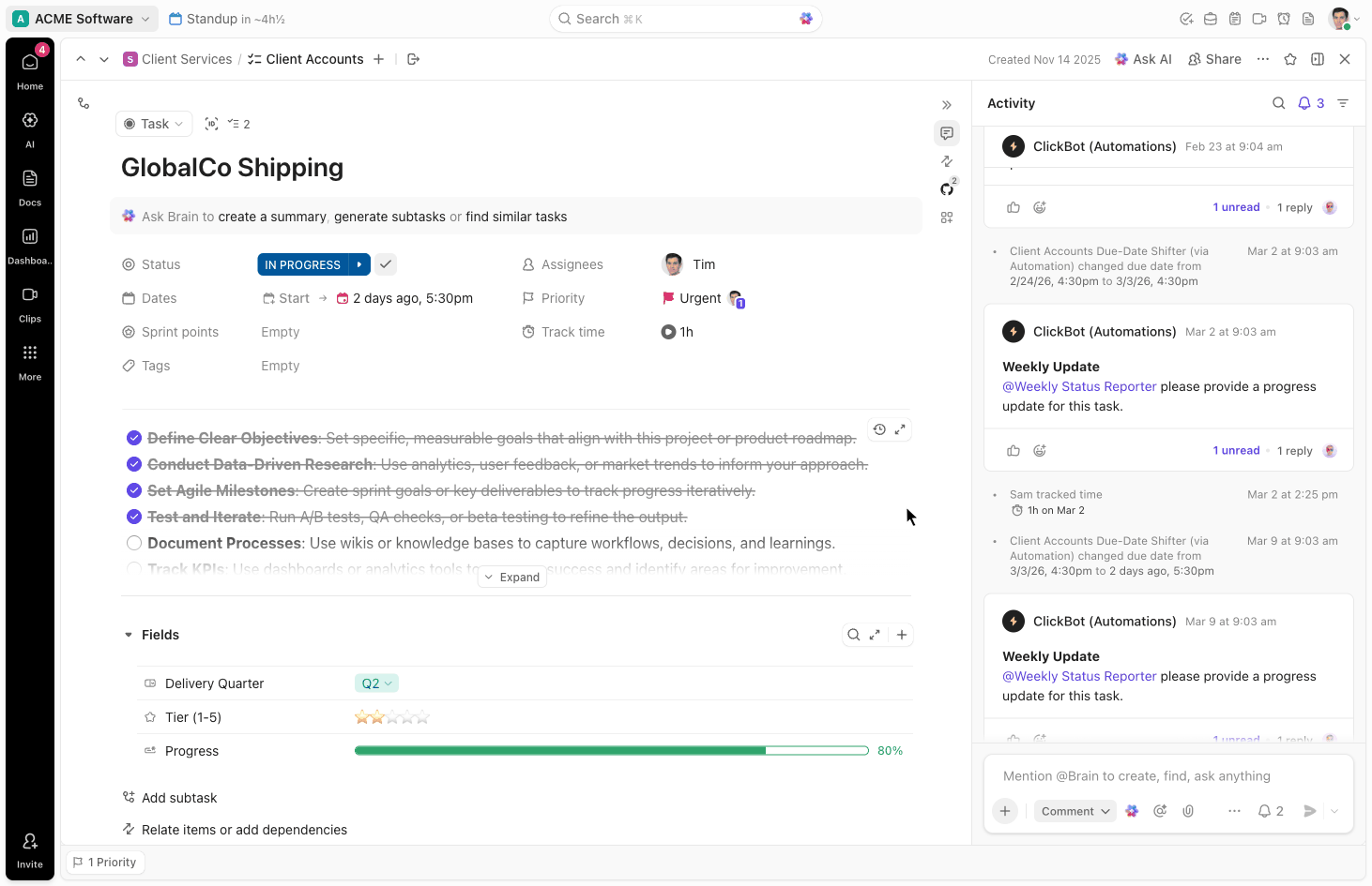 GIF of clicking the Dates field in an open task to open the Recurring modal and selecting Weekly