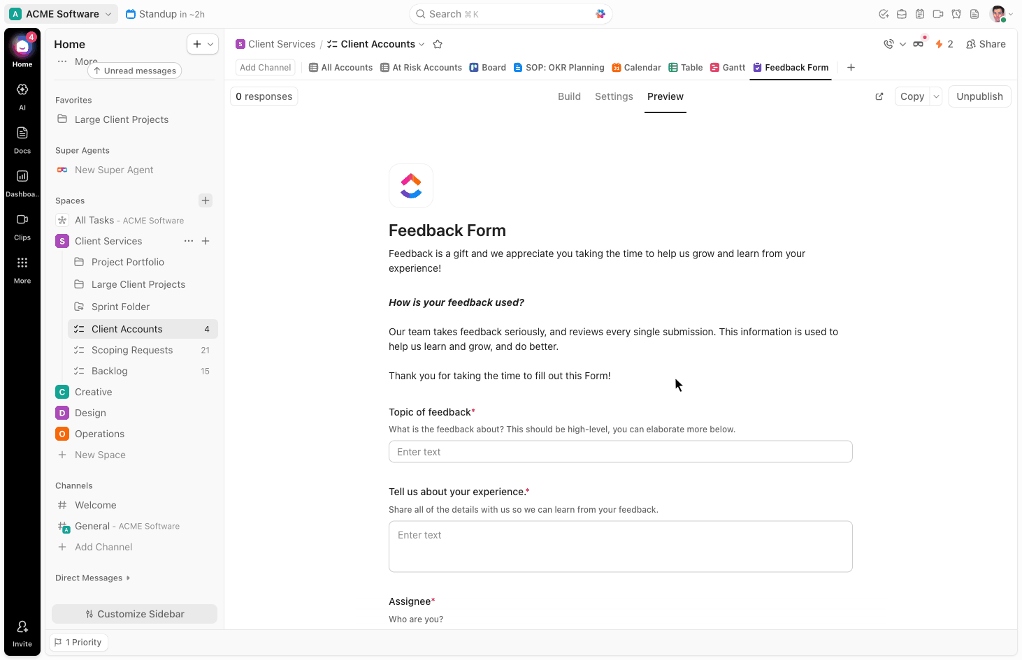 GIF a form being edited. The Build tab at the top is selected and the Add question button at the bottom is being clicked