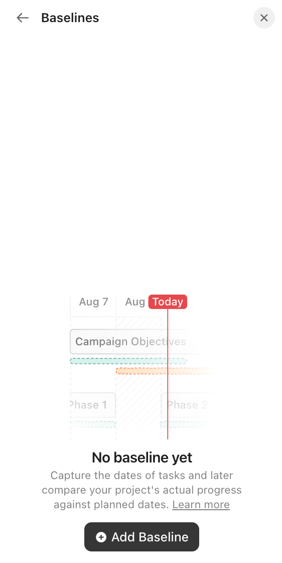 Screenshot of the option to add a baseline to a Gantt view.