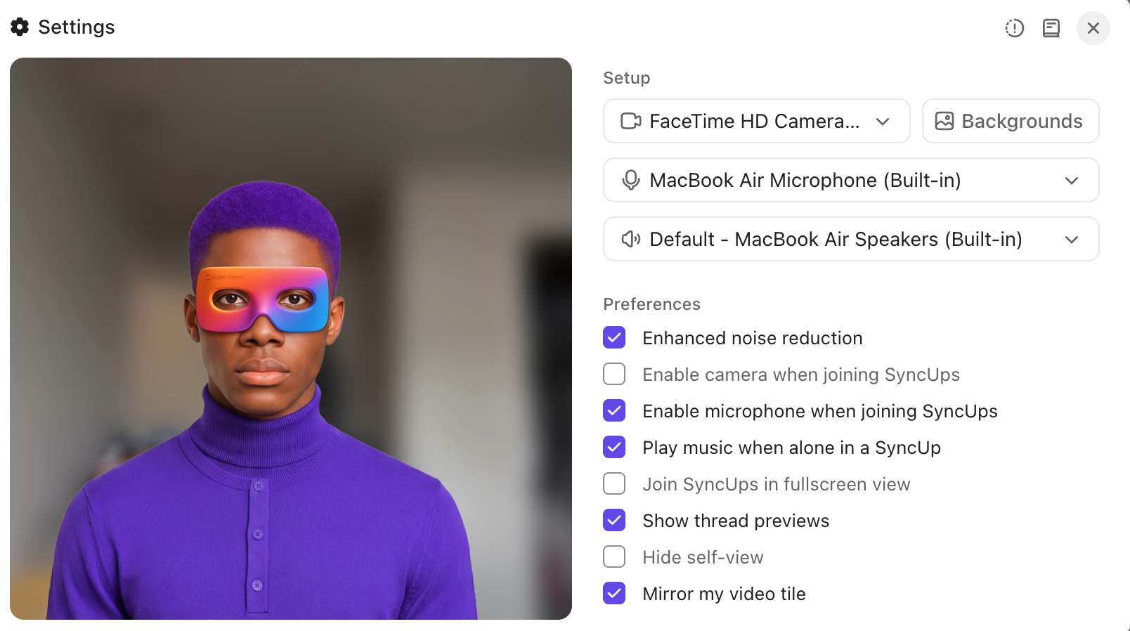 Screenshot of the video and audio settings available in SyncUps.