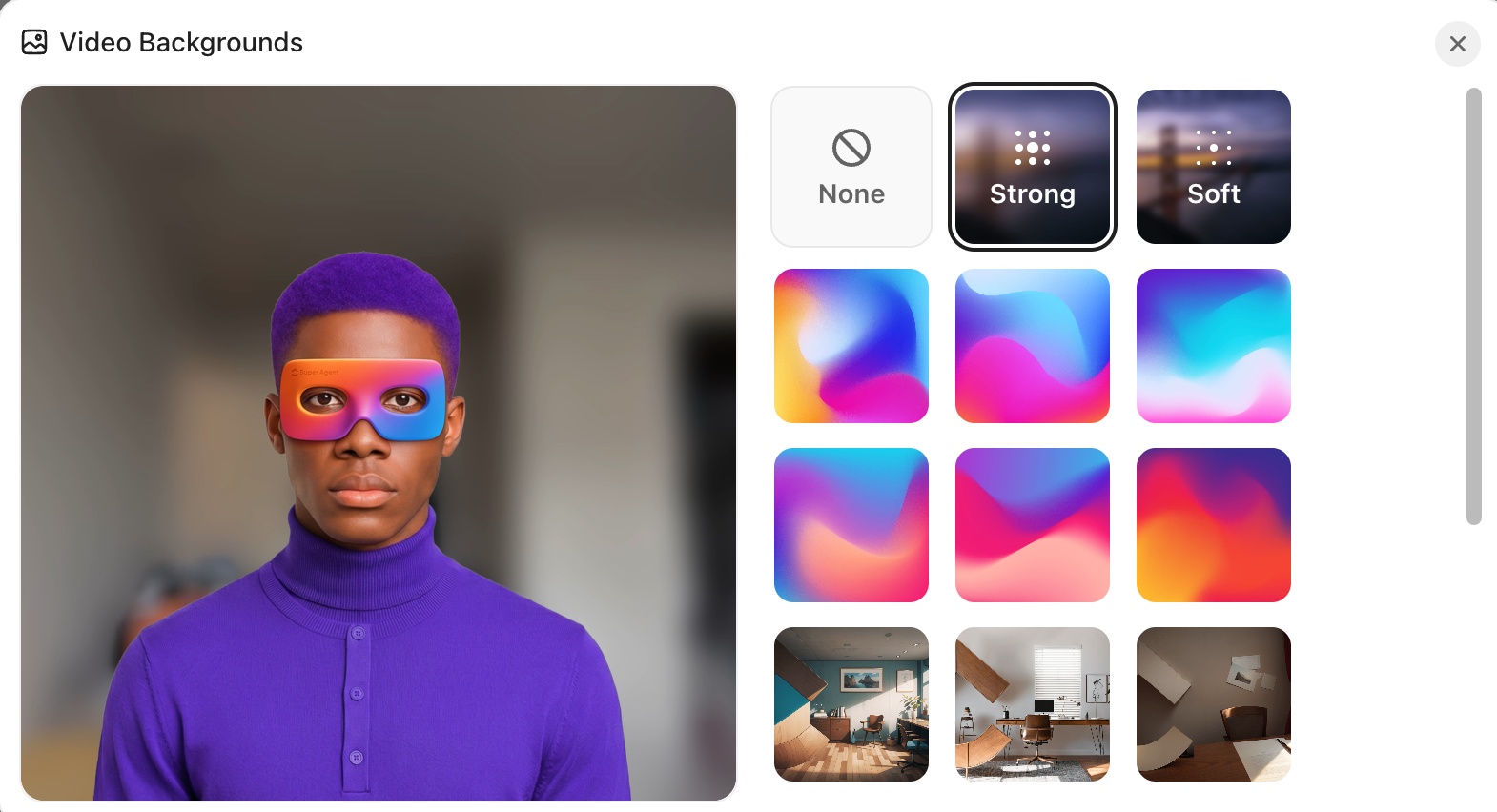Screenshot of the video blur and background options available in SyncUps.