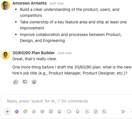 Screenshot showing a DM with the 30-60-90 Plan Builder.png