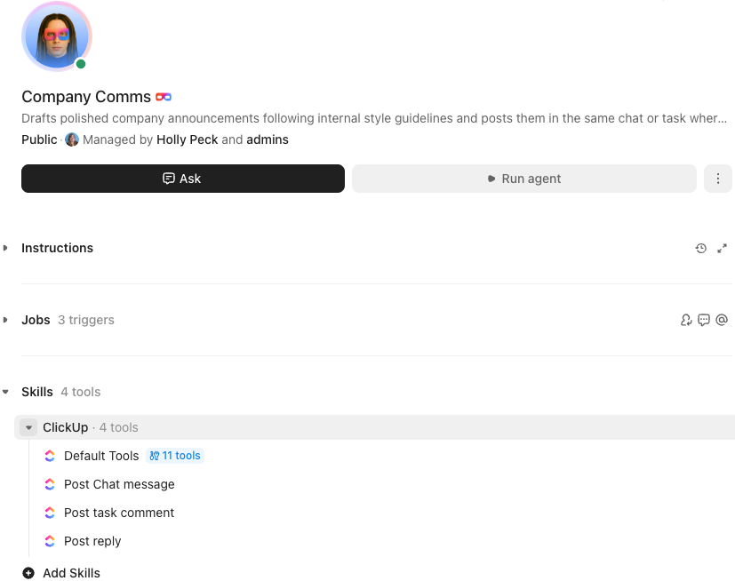 Screenshot of the Company Comms Agent's profile's tools.png