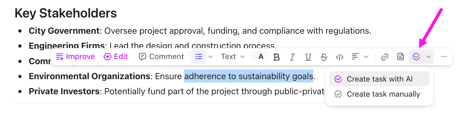 Screenshot of the option to create a task with AI or manually from a Doc.