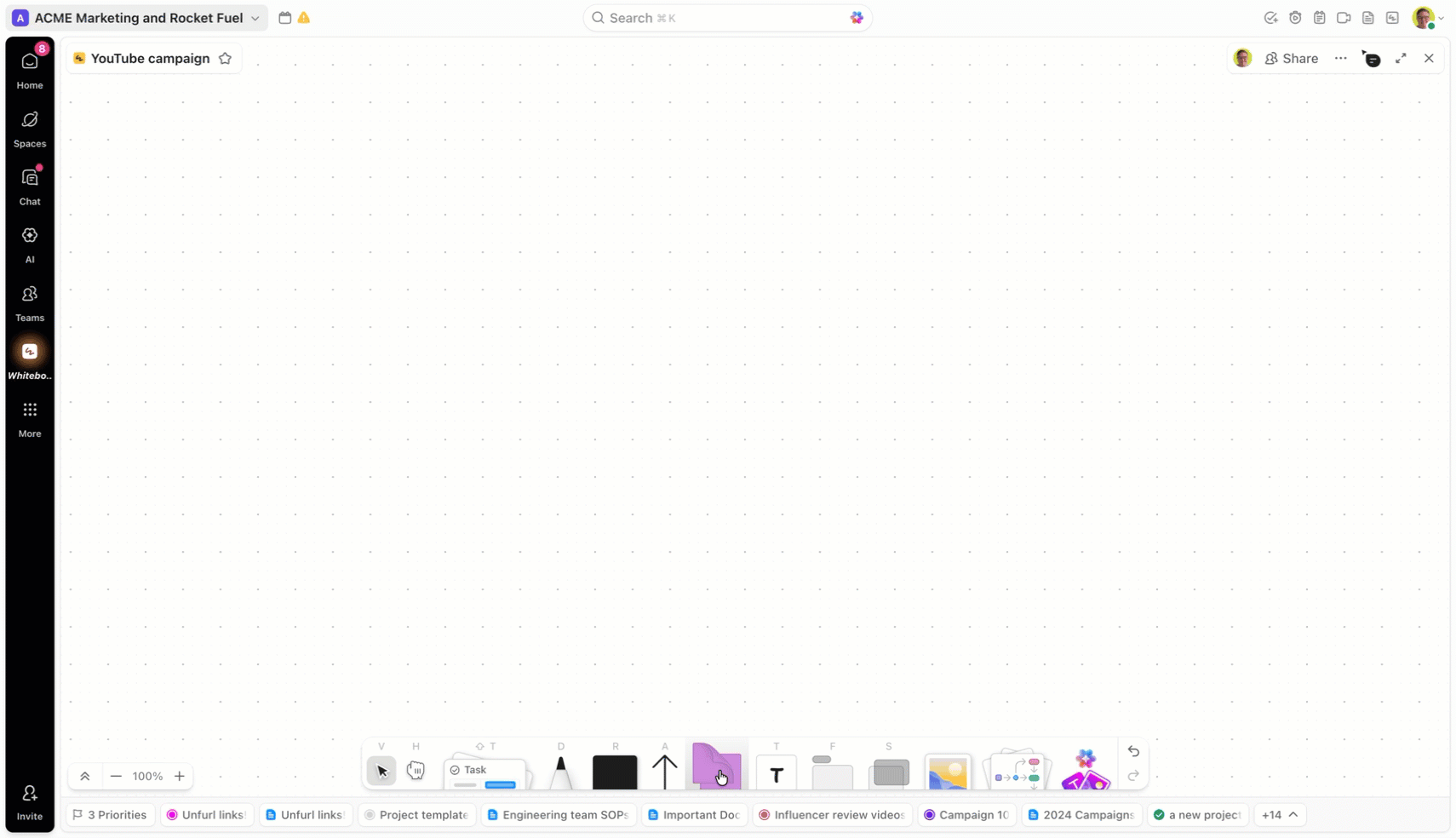 GIF showing someone clicking the Sticky Note icon in the main menu. The Sticky Note style menu appears. The person clicks on the Whiteboard and a Stick Note is placed there. The Sticky Note floating toolbar appears.gif