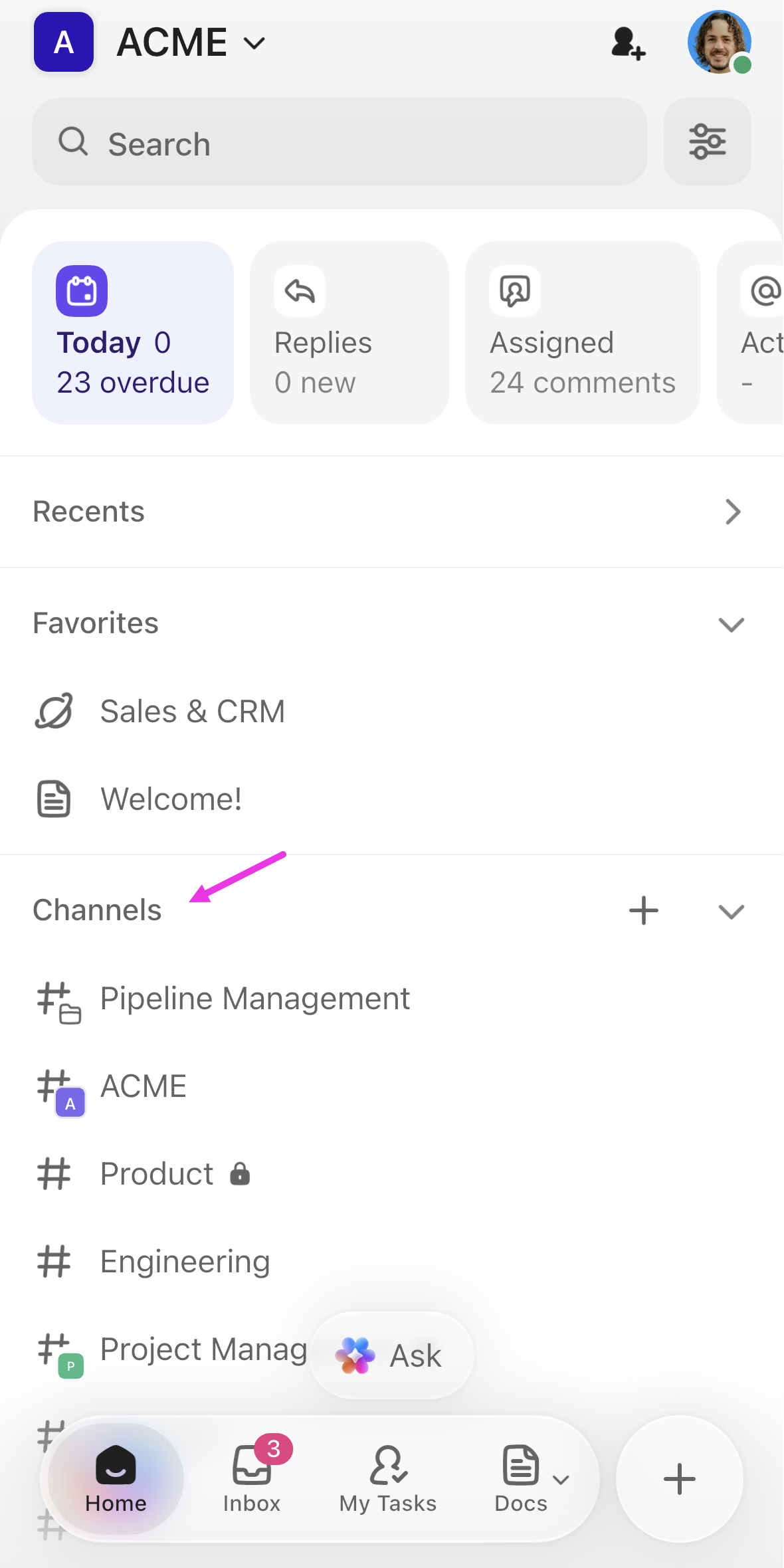 Screensot highlighting the Channels section of Home.png