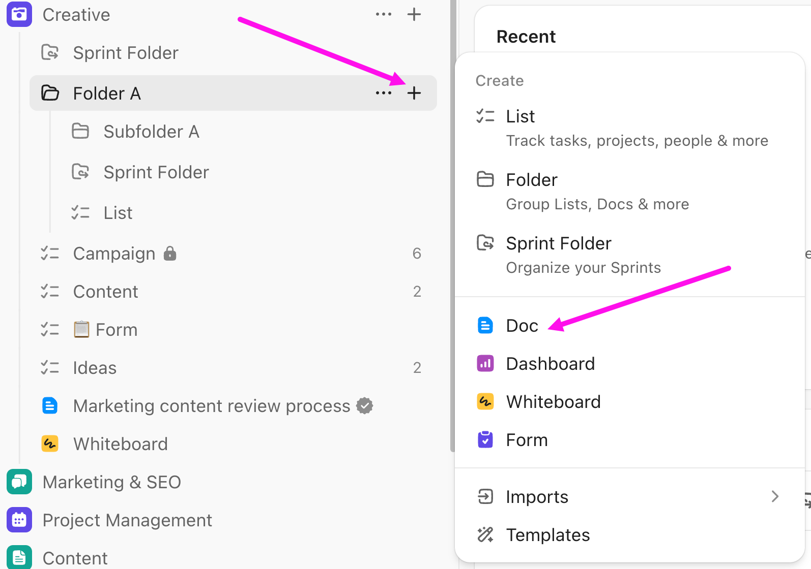 Screenshot of a the plus icon to the right of a Folder with Doc selected.png