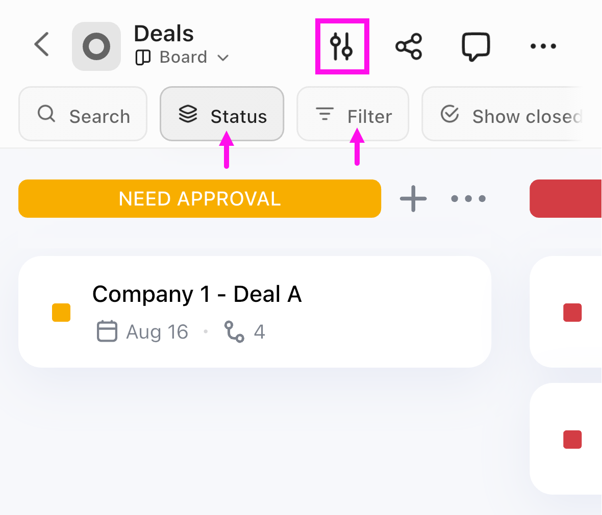 Screenshot of the filter and group options in Board view on mobile.png