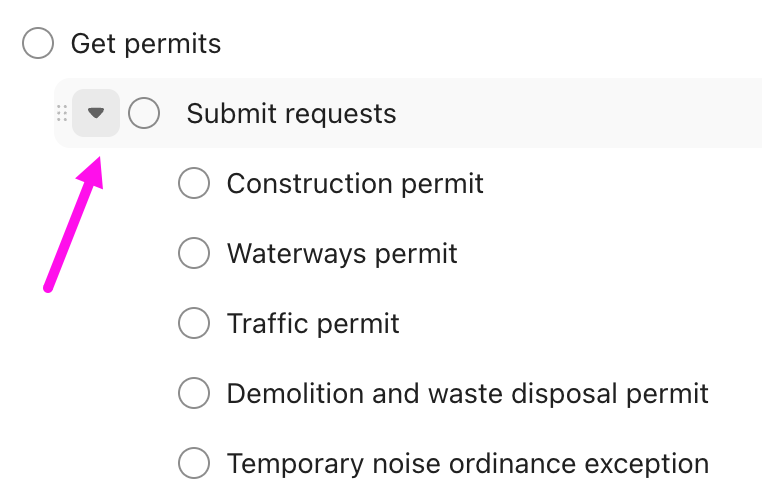 Screenshot of a checklist item highlighting the expand and collapse button.