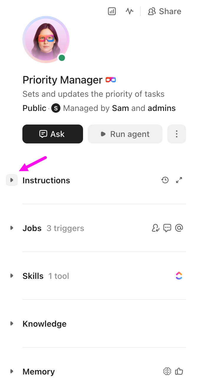 Screenshot of a Super Agent's profile, highlighting the option to expand a section.