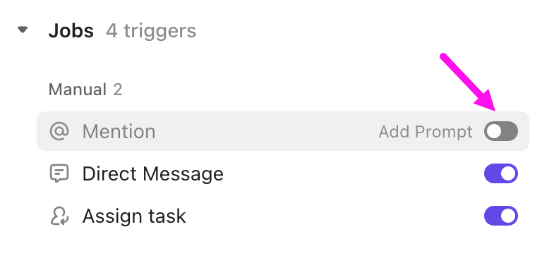 Screenshot of the Jobs section of a Super Agent's profile, highlighting the option to enable a specific trigger.