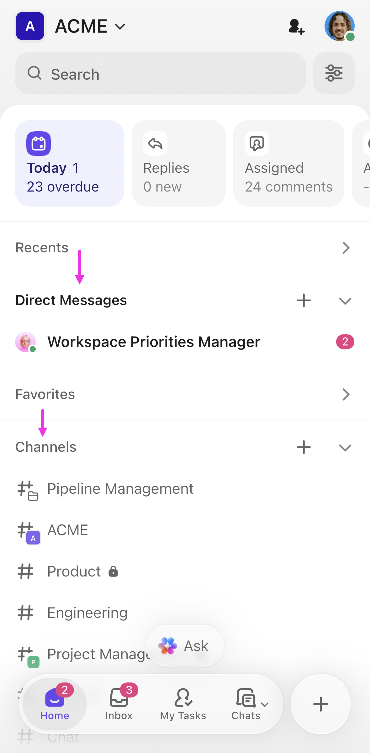 Screenshot highlighting the Channels and Direct Messages sections on mobile Home page.png
