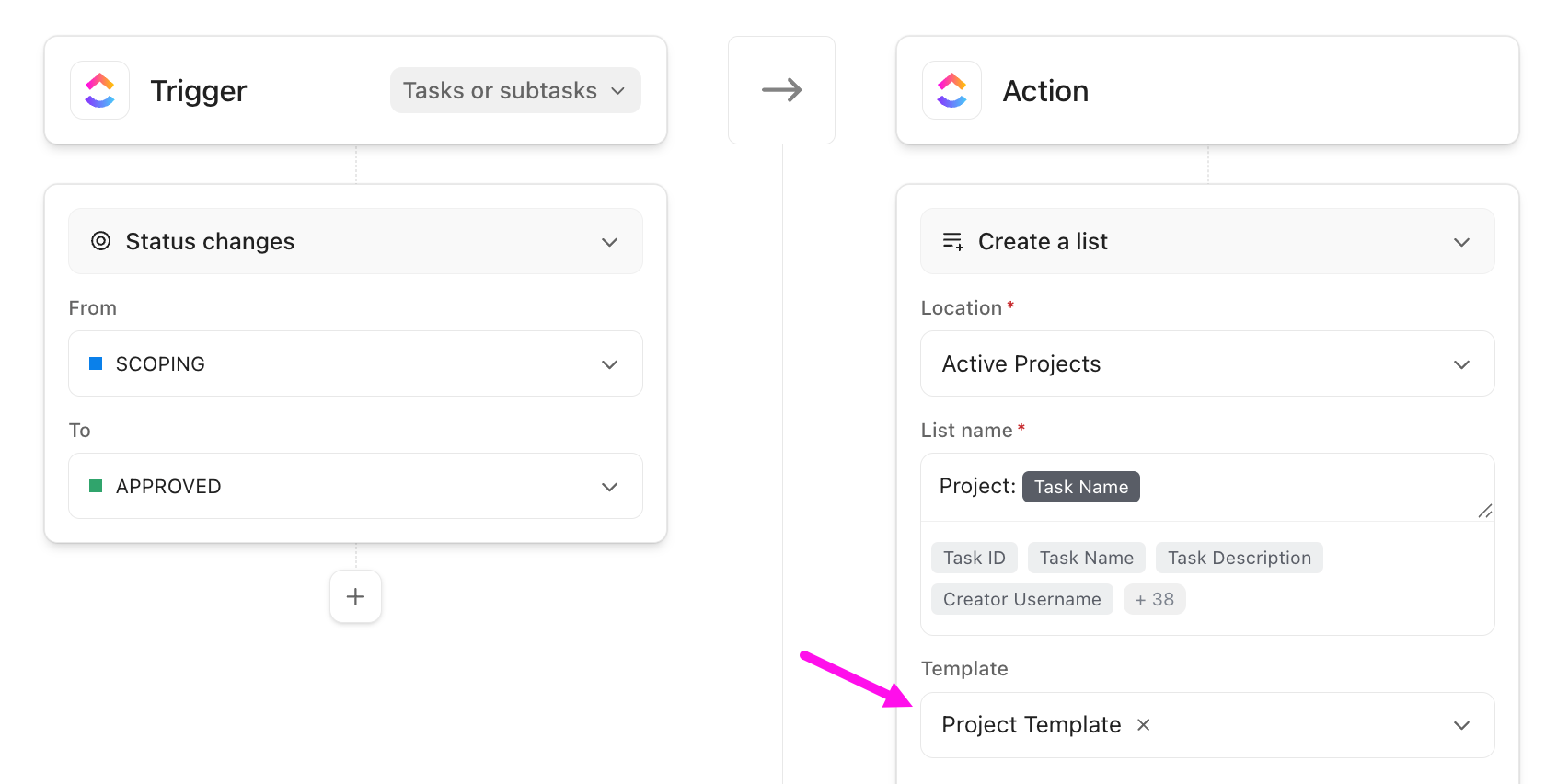 Screenshot of the option to apply a template when using the Create List Action.