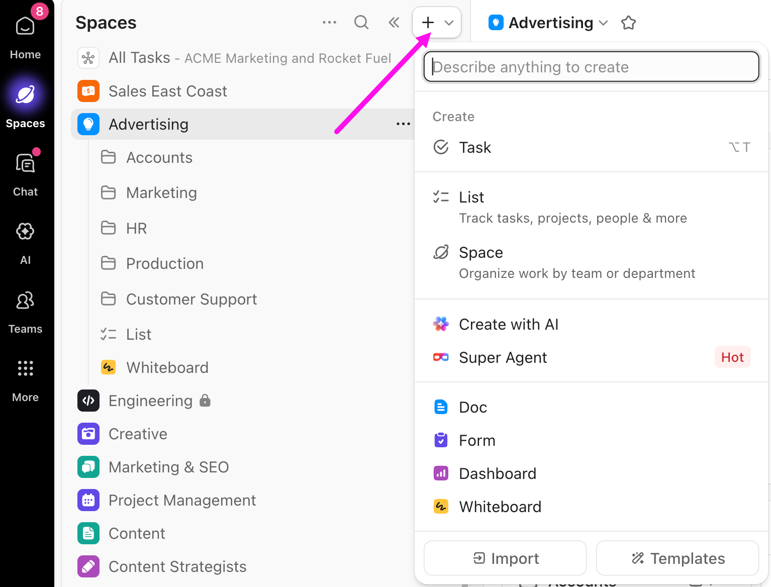 Screenshot of the Create menu in the upper-right corner fo the Spaces Sidebar.png