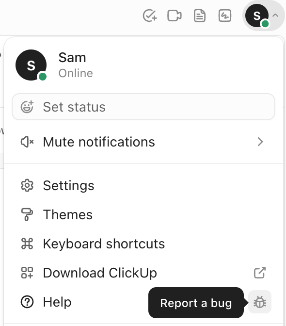 Screenshot of the option to report a bug from the personal avatar menu.