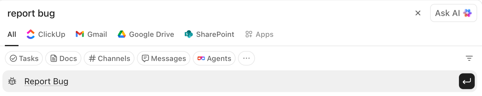 Screenshot of the command to report a bug.
