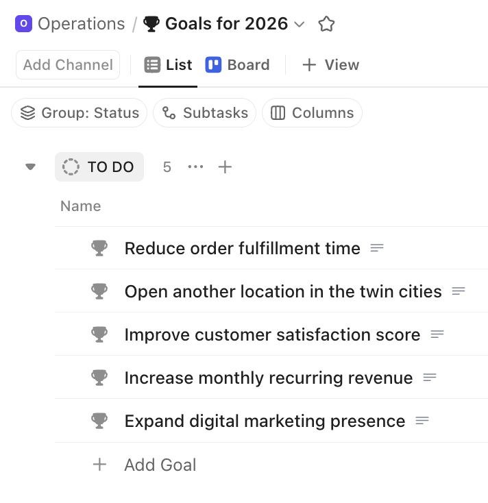 Captura de tela de exemplos de metas para uma pequena empresa.