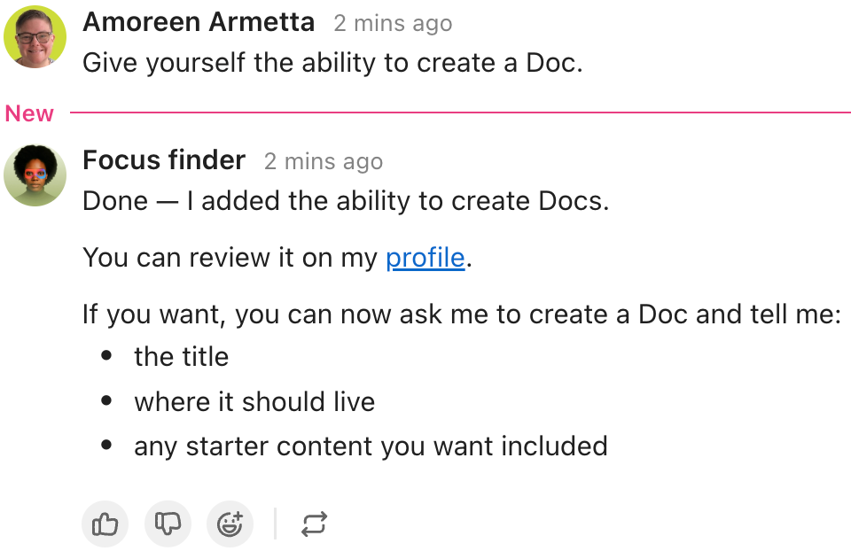 Screenshot of a DM between a Super Agent and an Agent manager, the manager DMs the Agent, 'Give yourself the ability to create Docs,' and the Agent responds affirmatively.png