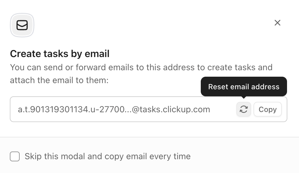 Screenshot of the option to reset the email address used to create tasks in a List.