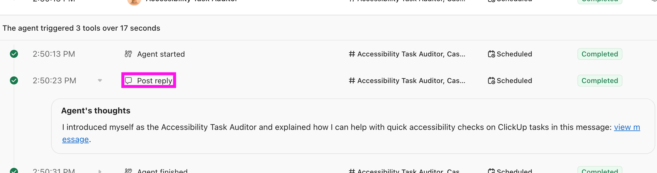 Screenshot di una sezione espansa per mostrare i pensieri dell'Agent. È presente un collegamento al messaggio.