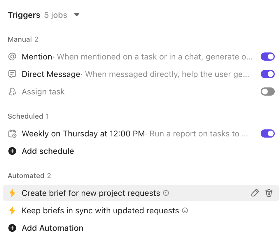 Screenshot of an Agent's Automated triggers.
