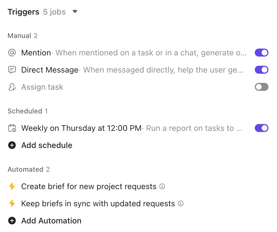 Screenshot of the Triggers section of an Agent's profile.
