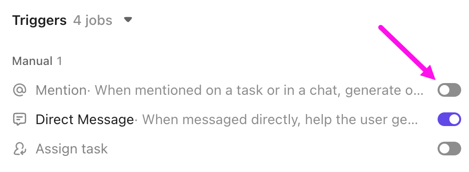 Screenshot of an Agent's Triggers, highlighting the option to enable a manual trigger.