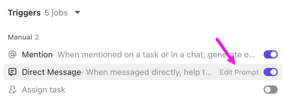 Screenshot of an Agent's triggers, highlighting the option to edit the prompt for a specific manual trigger.