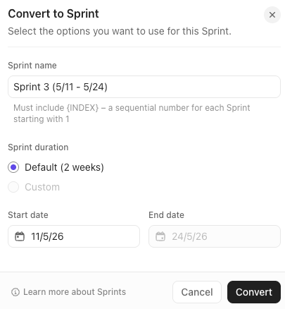 Screenshot of option to convert a sprint.