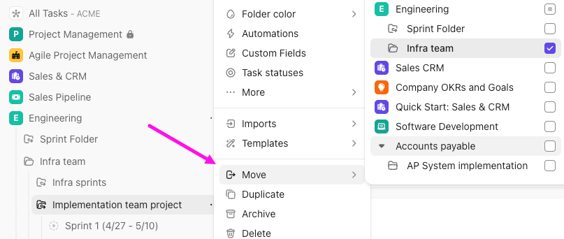 Screenshot of the option to move a Sprint Subfolder.