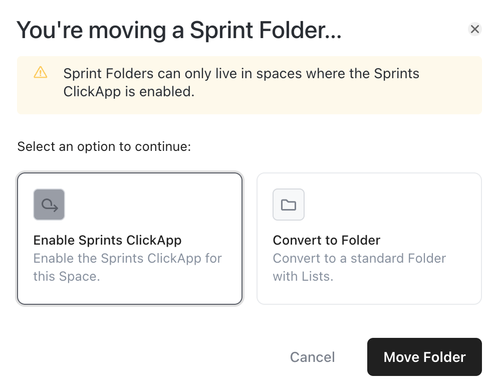 Screenshot of the option to move a Sprint Subfolder.