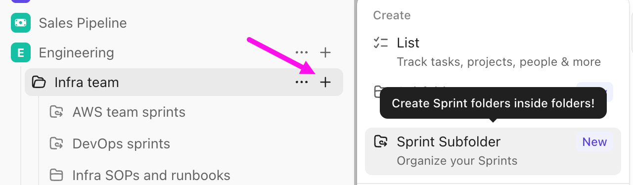 Screenshot of the option to create a Sprint Subfolder.