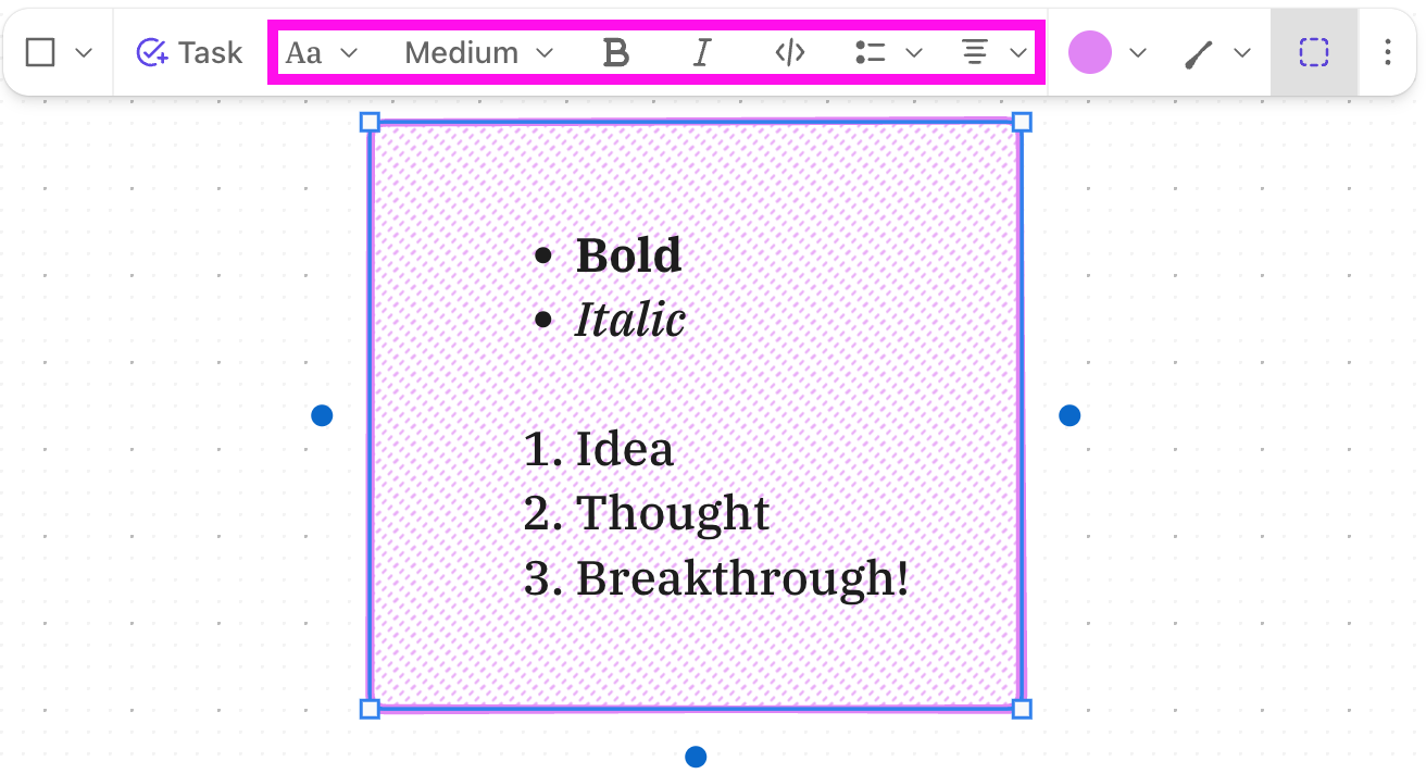 Screenshot of a Whiteboard with a shape containing bold, italic, a bulleted list, and a numbered list.png