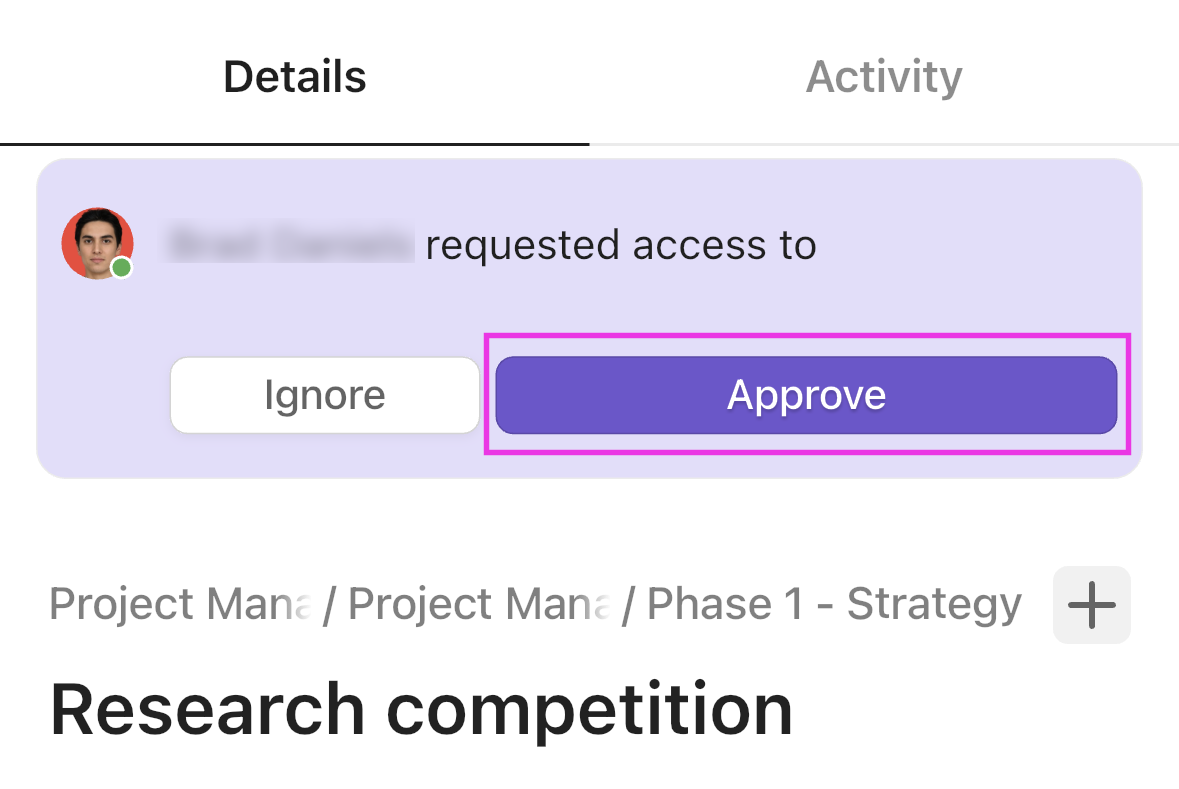 Screenshot highlighting the Approve button in the request access banner .png