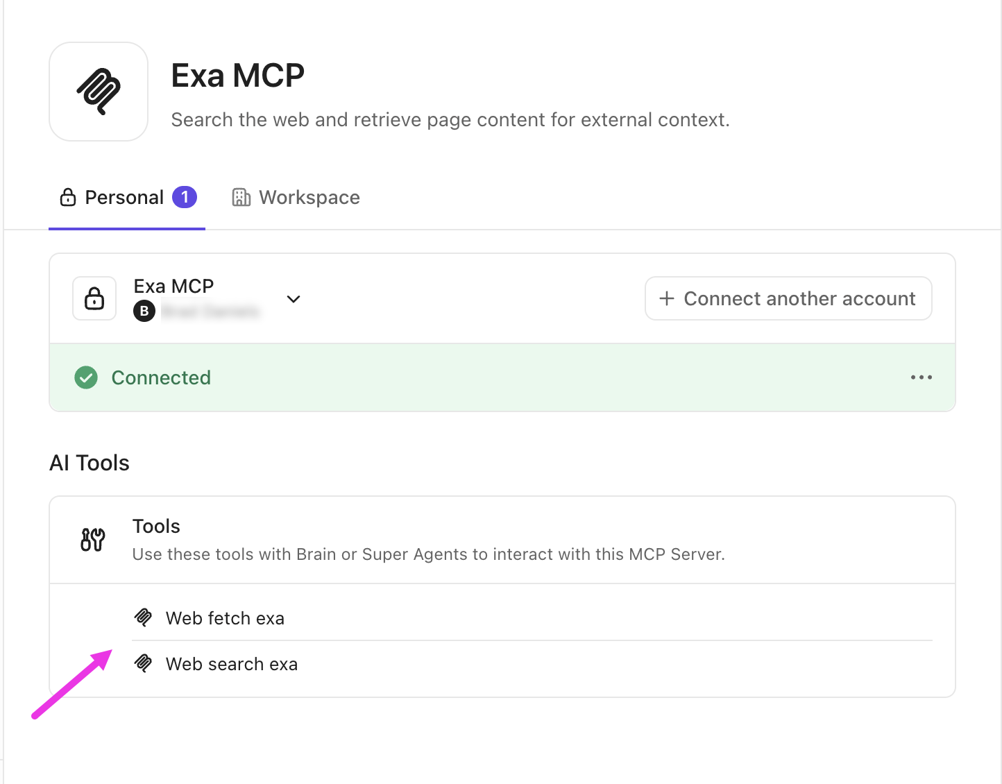 Screenshot of some tools in a connected MCP.
