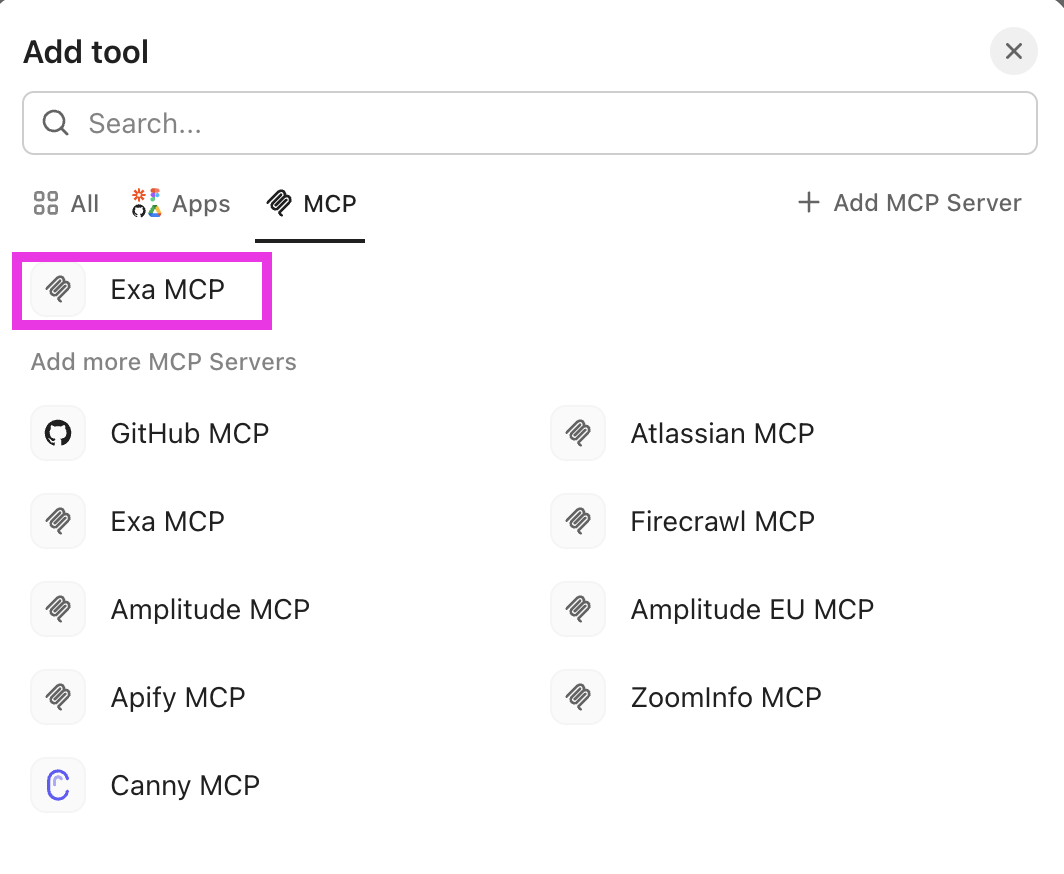 Screenshot of a connected MCP server.