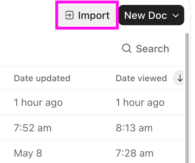 Screenshot of the Import button in the upper-right of Docs Hub.png