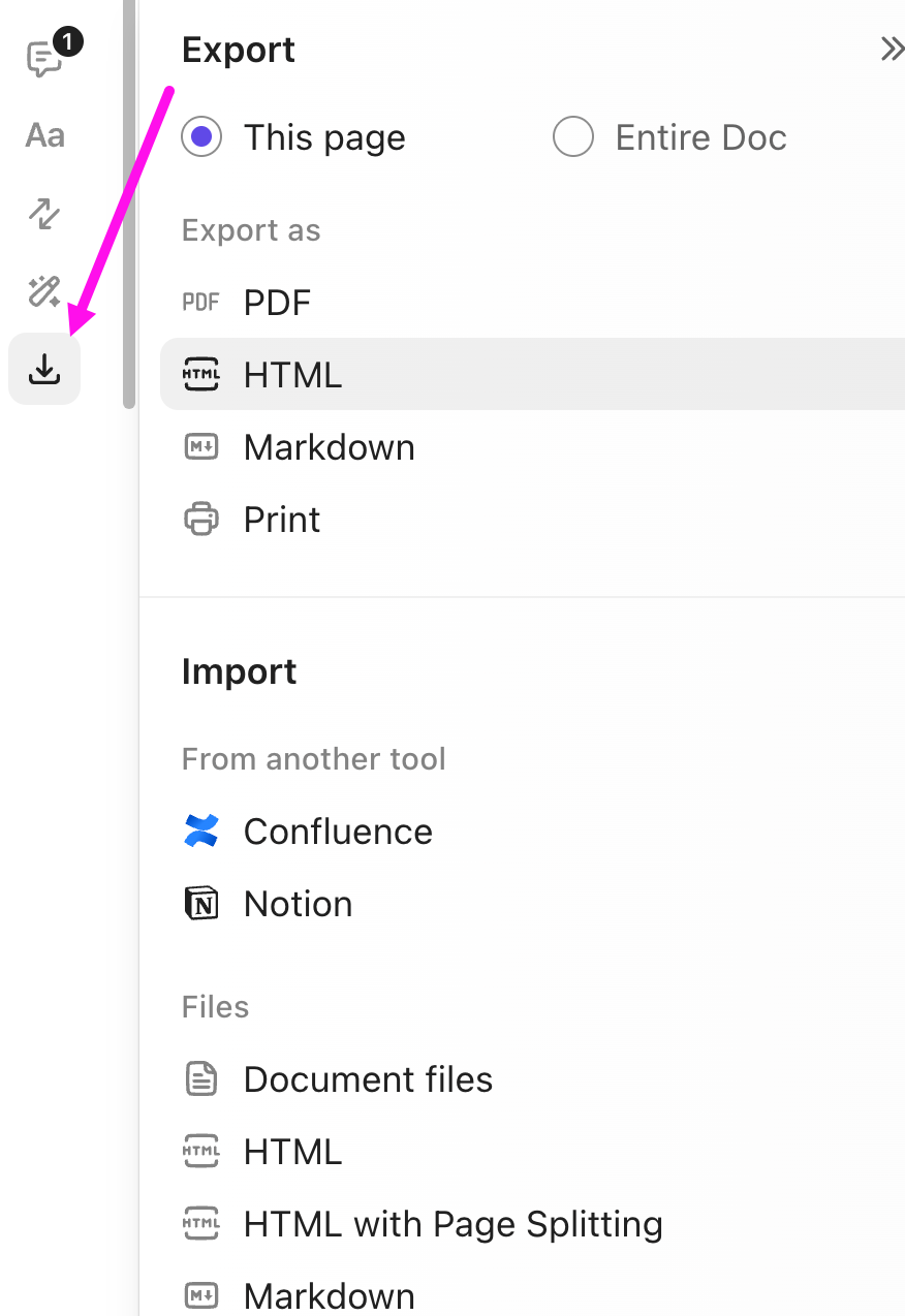 Screenshot of the Import Export sidebar in a Doc.png